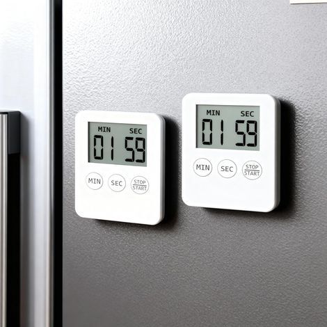 Ultradünner 2er-Pack Mini-Timer – Leistungsstarker Alarm – Magnetische Rückseite – Großes Display – Countdown- und Stoppuhrfunktion – Ideal zum Kochen, Backen, für Sport und Büro – Weiß (1/5)