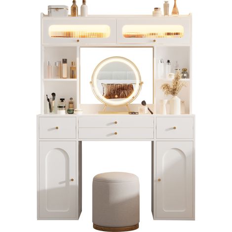 CHICFURN Tavolo da trucco LED 120x40x160 cm in MDF bianco con specchio e luce, senza sgabello (1/5)