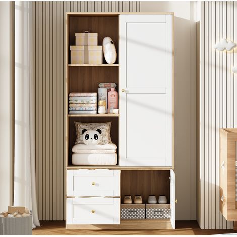 Schwebetürenschrank 90 x 50 x 180 cm mit 2 Schubladen, MDF weiß und Holz HAVRYA (1/5)