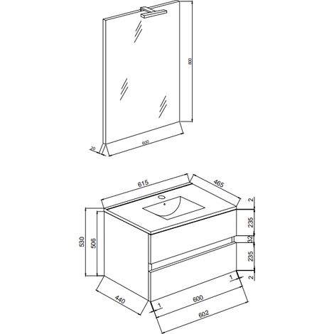 Meuble de salle de bain suspendu 60 cm en bois de chêne fumé avec vasque et miroir - Empoli - Avec colonne miroir et lampe LED