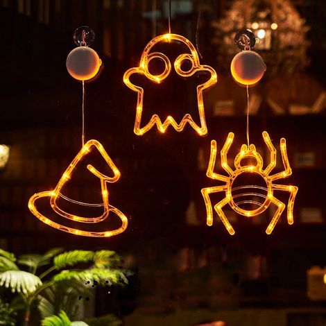 Décorations d'Halloween (lot de 3) : citrouille orange, araignée verte, chapeau de sorcière violet, guirlande lumineuse à ventouse (fonctionne à piles). (1/4)