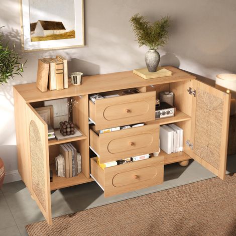 Credenza con ante in intreccio di corda, 2 porte e 3 cassetti, 140 x 40 x 80 cm, rovere naturale (1/5)