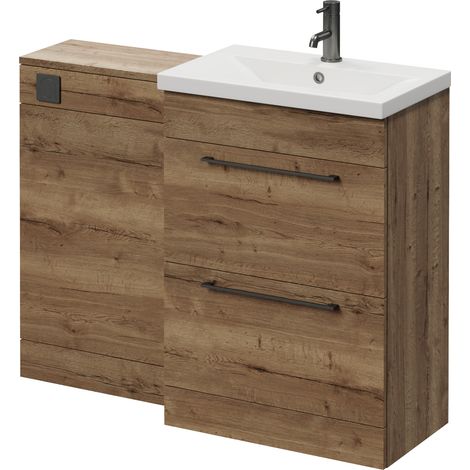 Napoli 390 Tobacco Oak 1100mm 2 Drawer Vanity Unit Toilet Suite with Glide Basin - 1100mm - Gunmetal Grey 320mm HandleWithout Kingston Toilet Pan