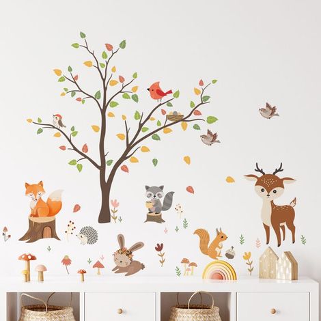 Stickers muraux animaux, forêt, arbre, hibou, renard, cerf, décoration murale pour chambre de bébé ou d'enfant (1/4)