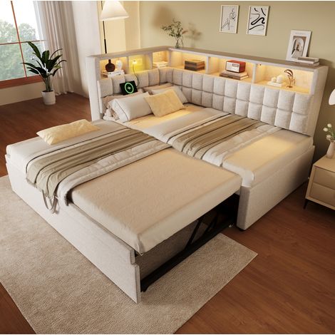 Cama nido 90x200 cm beige en lino y algodón con LED, altavoz Bluetooth y puertos USB (1/5)