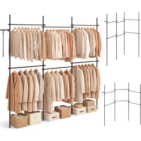 Portant à Vêtements Télescopique, Modulable Métal à Hauteur Réglable 110-315cm avec 6 Tringles, Étendoir Pliable et Perche d'Atteinte, Noir (1/5)