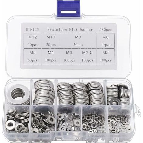 Rondelle Inox avec Boîte de Rangement (Lot de 580) - Assortiment de 9 Tailles M2, M2.5, M3, M4, M5, M6, M8, M10 & M12 - Lot de Rondelles Métal - Réparations, Usines & Décoration Intérieure (1/5)