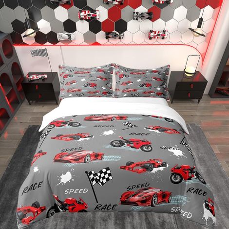 Children's Red Grey Racing Car Duvet Cover 140 x 200 cm Speed Sports Car Bedding Set for Teenagers Boys Extreme Sports Bedding Set Room Decor (1/5)