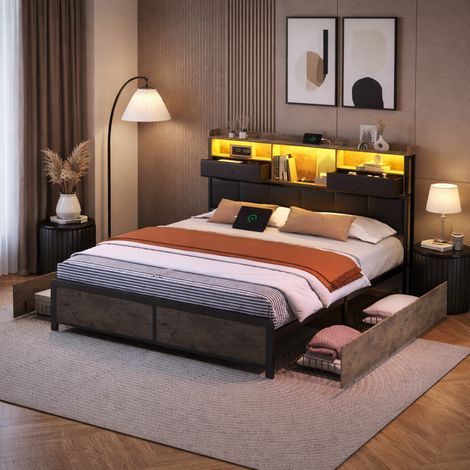 Lit double 140x200 cm en métal, avec éclairage LED et charge USB, 4 tiroirs et tête de lit, lit capitonné avec sommier à lattes et cadre de lit en métal, pour adultes et adolescents (1/5)