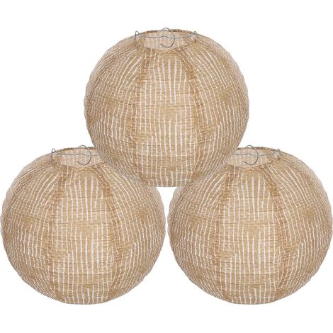 Set of 3 Round Linen Fabric Lampshades, Burlap Hanging Lanterns for Wedding and Party, Boho Indoor Decoration, Japanese Style 20cm, Khaki Folding Design, Rustic Style, Bohemian Wedding, Living Room A (1/5)