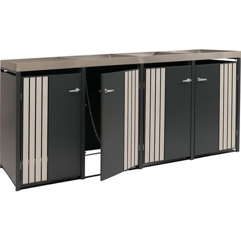 4er-Mülltonnenverkleidung HHG-384, Mülltonnenbox mit Pflanzkasten, Metall 125x260x84cm 95kg anthrazit Holzoptik hell