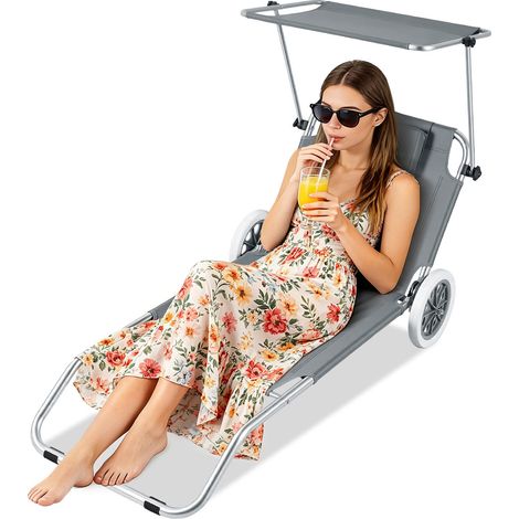 Jiubiaz Lettino prendisole pieghevole con ruote 2 in 1, sdraio da spiaggia con parasole regolabile, schienale 4 posizioni, 147×52×15 cm, grigio