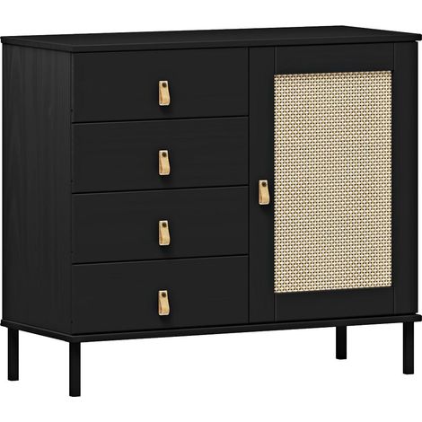 Sideboard 90 cm breit in Kiefer massiv schwarz mit Kunststoffgeflecht, WATFORD-69 (1/5)