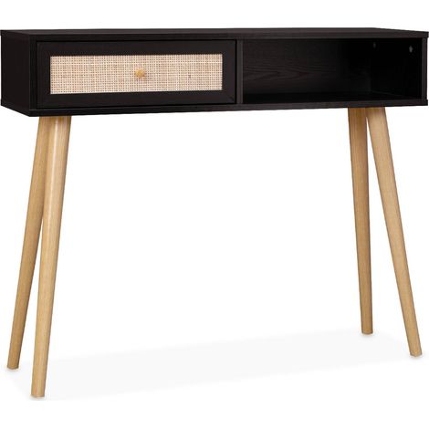 100cm wood and cane decor console table, Boheme, Black, 100x29x81 cm