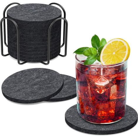 Filz Untersetzer 12er Set mit Halter, rund, 10cm, grau, abwaschbar (1/5)