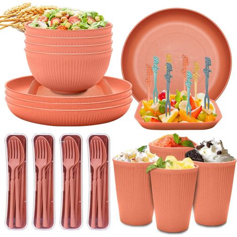 Service de table 48 pièces en paille de blé : tasses, assiettes, bols et couverts (cuillère, fourchette, baguettes). Compatible lave-vaisselle et micro-ondes. Idéal pour la maison et le camping. Coule (1/5)