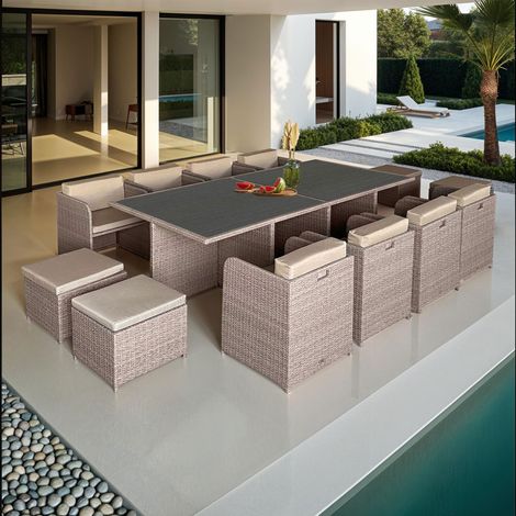 M&S – Ensemble de jardin encastrable 12 places – Résine tressée traitée anti-UV – Structure en acier époxy – Dimensions table 223x111x74cm