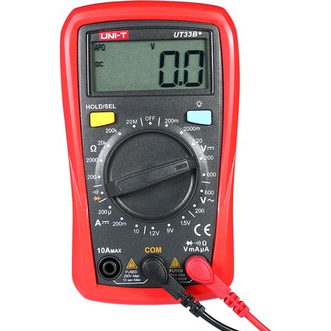 UNI-T UT33B+ LCD Digitalmultimeter, misst Gleich-/Wechselspannung, Gleichstrom, Widerstand, Voltmeter und Amperemeter.
