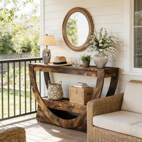 Étagère murale 2 niveaux, console rustique avec étagère incurvée, table d'appoint en bois, meuble télévision style campagne (1/5)