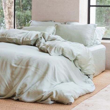 Housse de Couette en Satin de lyocell Lyocell Thermorégulatrice et Douce, Gris Vert - PANGIVO
