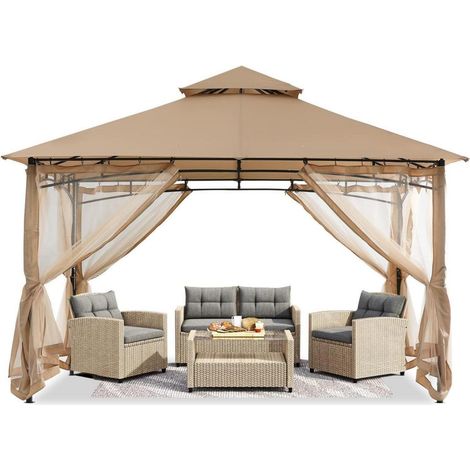 Pavillon Doppeldach Überdachung Terrasse Mit Netz Beige 3x3,6M (1/5)