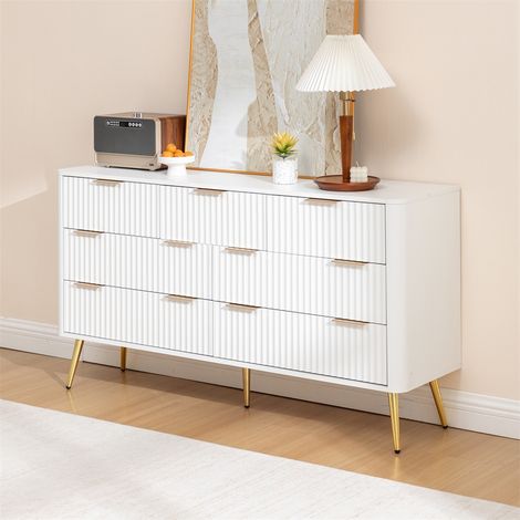 Commode de Chambre 7 Tiroirs - 145x40x80cm - Buffet de Rangement avec Coulisses Soft-Closing et Pieds Surélevés - Blanc Moderne (1/5)