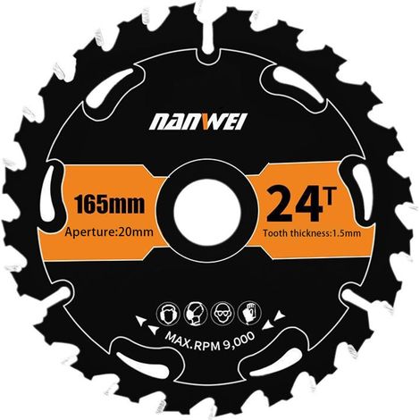 Lame de Scie Circulaire ATB de 165 x 20 mm avec 24 Dents en Carbure de Tungstène, Meuleuse, Adaptée pour Bois Tendre/Bois Dur/Contreplaqué/PVC/Aluminium et Pneus (1/5)