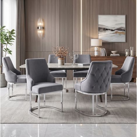 Lot de 2 chaises de salle à manger en velours gris, dossier capitonné en 3D et pieds métal argenté, style élégant pour salon, restaurant ou café – CHICFURN (1/5)