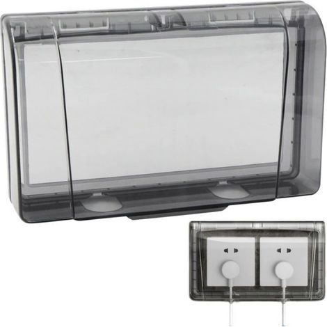 Cache prise étanche 2 postes transparent pour extérieur - couvercle mural adhésif 20,2×12,1×4 cm (1/5)