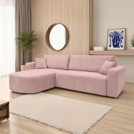 Canapé KIARA d'angle réversible convertible 4 places en velours côtelé - Rose (1/5)