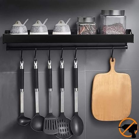 Wall-Mounted Kitchen Utensil Storage Rack with 6 Removable Hooks, No Drilling Required, Aluminium, Rustproof, Black, 40cm (1/4)
