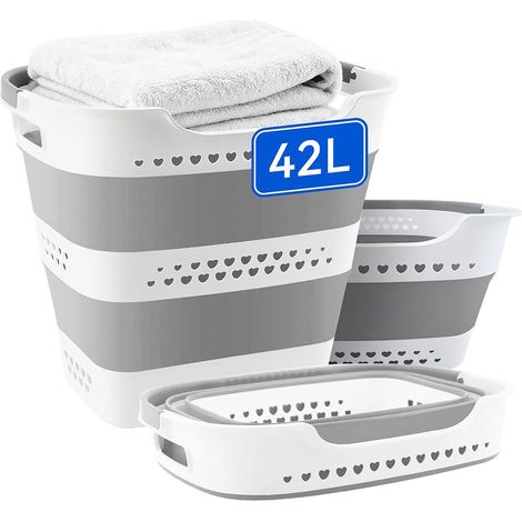 Panier à Linge Escamotable 42 L avec Poignées, Bac en Plastique Pliable et Respirant pour Vêtements, Gris clair (1/5)