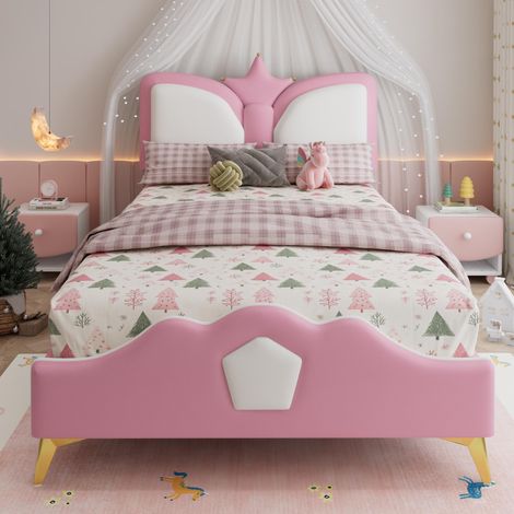Lit capitonné, lit simple, lit enfant, tête de lit en forme de couronne, bord et tête de lit en mousse douce anti-choc, coloris ludiques, PU + fer + mousse, rose + blanc, 90x200cm, garantie 2 ans