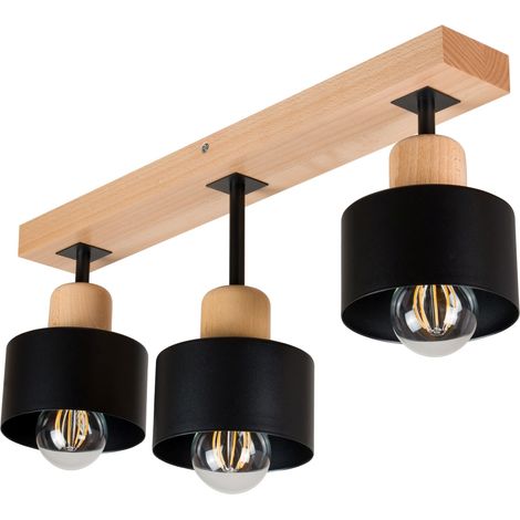 Lámpara de techo negra de madera y metal de estilo escandinavo, 3xE27, iluminación LED moderna para salón, cocina, dormitorio, habitación infantil, loft. (1/5)