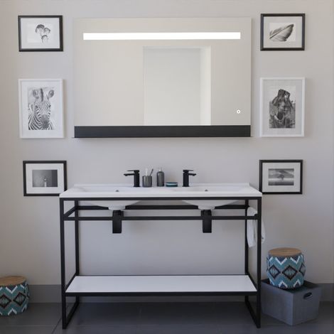 Ensemble STRUCTURA 120 cm avec plan double vasque et miroir led Etal- Résine - Blanc
