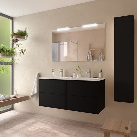 Komplett-Set OPTIMUS 1200 BLACK SATIN + Waschtisch + Spiegel + Leuchte