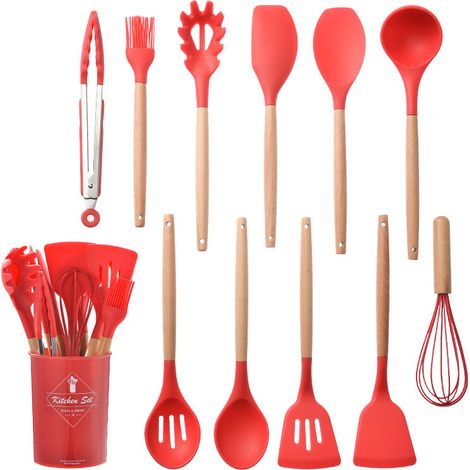 Ustensiles de cuisine en silicone en bois, 12 ensembles d'accessoires de cuisine, sans bisphénol A, adhésif résistant aux rayures et à la chaleur, pour cuillères / spatules / spaghettis