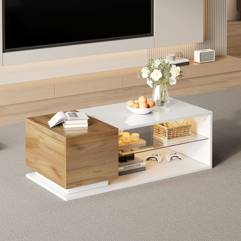 REDOM - Mesa de centro 105x50x36 cm, LED 29 modos, almacenamiento con estantes laterales, tablero de partículas, blanco y roble (1/5)