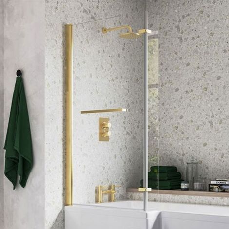 Signature Brushed Brass L-Shaped Hinged Bath Screen with Rail 1500mm High x 815mm Wide - 6mm Glass