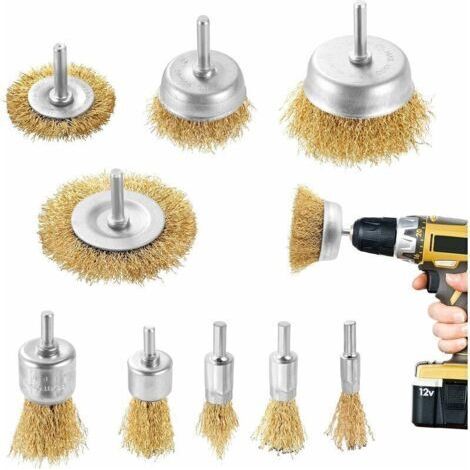 9Pieces Brosse metallique pour perceuse métallique meuleuse circulaire avec kit de brosse à tige 1/4 pouce pour l'élimination de la rouille/corrosion/peinture (1/4)