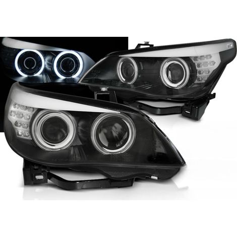 Paire de feux phares BMW serie 5 E60 / E61 de 2003 a 2007 angel eyes CCFL noir led-27361222 (1/4)