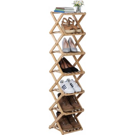 Zapatero Relaxdays, 7 baldas, plegable para pasillo y dormitorio, 125×28×28 cm (alto×ancho×fondo), bambú, natural