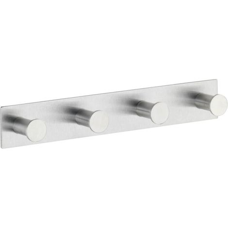 Patère murale 4 crochets en acier inoxydable dépoli – Fixation adhésive sans perçage – Dimensions 25,5x4x3,3 cm – Pour salle de bain et cuisine