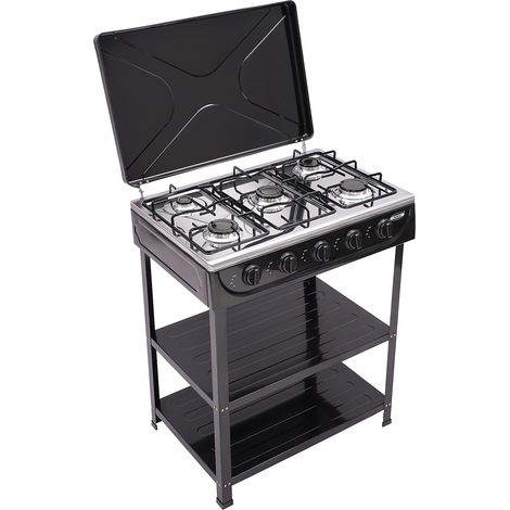 Estufa de camping, estufa de gas de 5 quemadores con tapa y 2 estantes, altura total 82 cm, estufa de gas para acampar, pescar, viajar, aventuras al aire libre (negro) (1/5)
