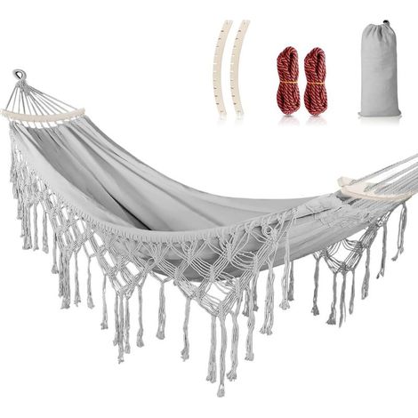 Hamac de jardin avec pompons max 226,8 kg en toile de style bohème avec corde épaisse et sac de transport pour extérieur, jardin, terrasse, décoration de mariage (gris) (1/5)
