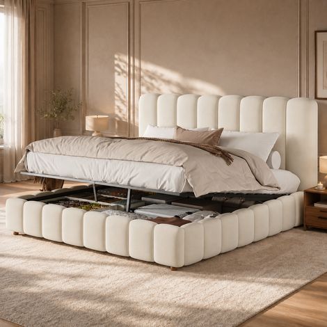 Letto imbottito, letto matrimoniale, 160200 cm, letto regolabile idraulicamente, letto con rete a doghe, testiera e ampio vano contenitore, testiera imbottita, beige, velluto (1/5)