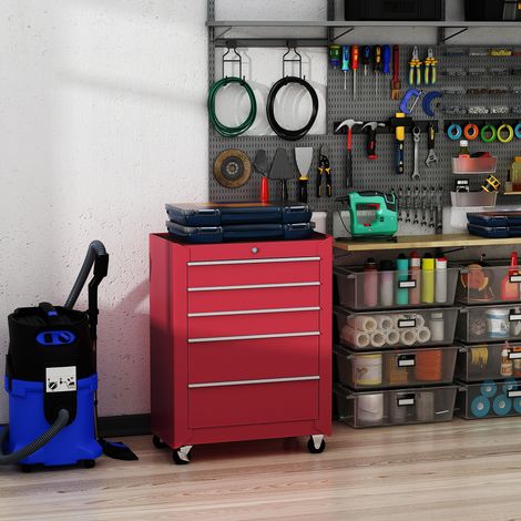 Carro de Herramientas para Taller con Ruedas 5 Cajones Armario con Cierre y Asa Lateral 61,5x33x82,5 cm Rojo (1/5)