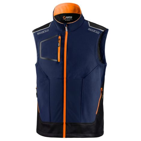 Gilet technique Sparco Tech Light Illinois bleu marine/orange fluo taille XXXL avec renforts et bandes haute visibilite' fermeture e'clair centrale e'tanche blu marine + arancio fluo XXXL