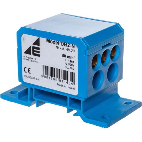 Verteilerblock 2x4-50mm2/2x4-35mm2/3x2,5-25mm2 blau, flach und für Schienenmontage DB2-N 48.20