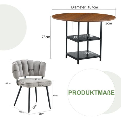 Ensemble repas table ronde 107 cm noyer avec étagère double + 2 fauteuils gris tissu, dossier fleuri texturé – parfait pour studio ou petite cuisine. (1/5)